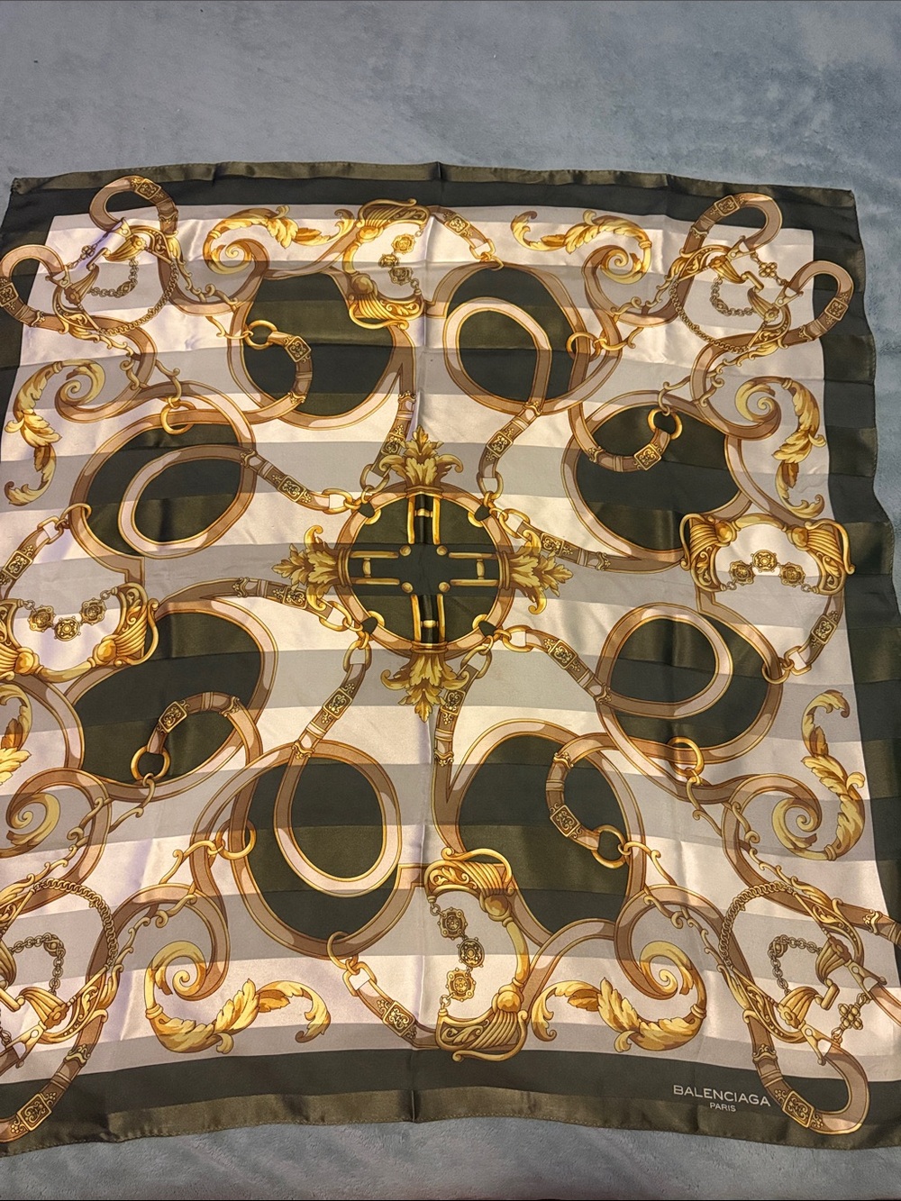 Balenciaga Olive, Gold & Cream Silk Scarf with Chain Motif Balenciaga 35x35 inch